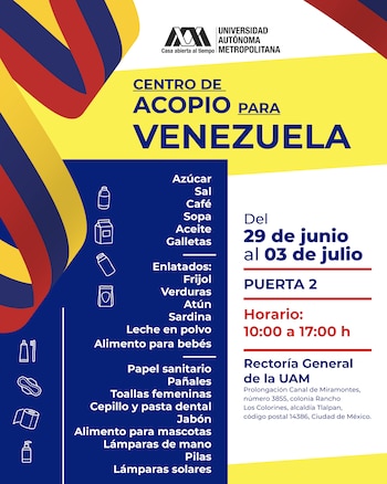 Cartel informativo de la Universidad Autónoma Metropolitana con logo, texto "Centro de Acopio para Venezuela", lista de donativos, fechas, horario y dirección
