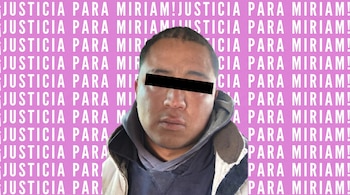 Primer plano de un hombre con los ojos cubiertos por una barra negra, centrado sobre un fondo rosa repetido con el texto blanco '¡JUSTICIA PARA MIRIAM!'.