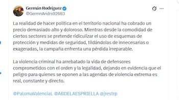 El senador electo Germán Rodríguez rechazó declaraciones de Paloma Valencia sobre las medidas de seguridad de Abelardo de la Espriella - crédito @GermnAndrs92683/X