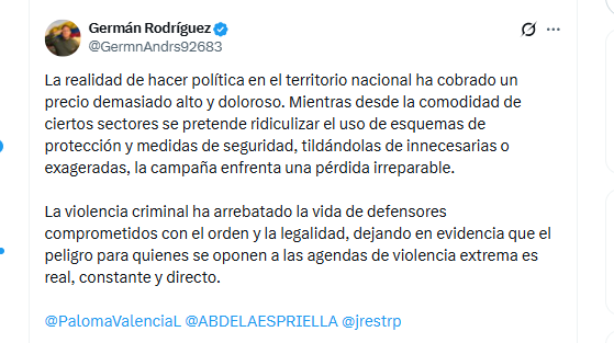 El senador electo Germán Rodríguez rechazó declaraciones de Paloma Valencia sobre las medidas de seguridad de Abelardo de la Espriella - crédito @GermnAndrs92683/X