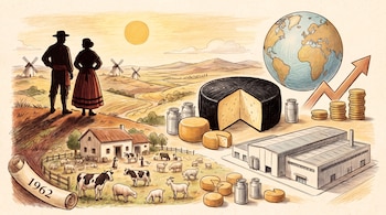 Pareja en paisaje rural con molinos, granja, vacas, ovejas, quesos, latas de leche, una fábrica, globo terrestre, monedas, flecha ascendente y pergamino con 1962.