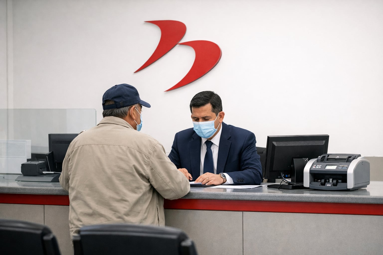 La imagen muestra a un ciudadano en el mostrador de atención de una agencia del Banco de la Nación del Perú, donde un empleado bancario lo asiste en un trámite de cobro presencial. (Imagen Ilustrativa Infobae)