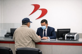 Empleado bancario con traje y mascarilla atiende a un ciudadano con gorra y mascarilla en una ventanilla de banco, frente a un logo rojo.