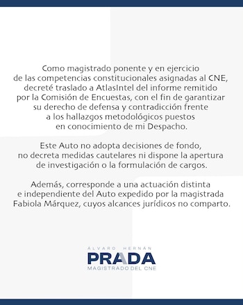 El magistrado Álvaro Hernán Prada afirmó que su actuación solo buscó garantizar el derecho de defensa de la encuestadora - crédito @ALVAROHPRADA/X