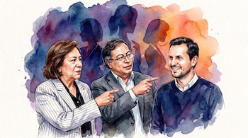 Ilustración en acuarela de una mujer y dos hombres, donde dos de ellos señalan al tercero frente a siluetas femeninas y manchas de color.
