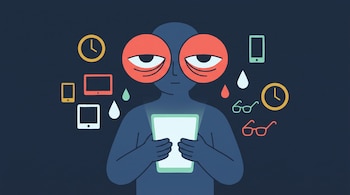 Ilustración de figura humana con ojos rojos y cansados, sosteniendo una pantalla encendida. Flotan íconos de relojes, celulares, tabletas, gotas y gafas.