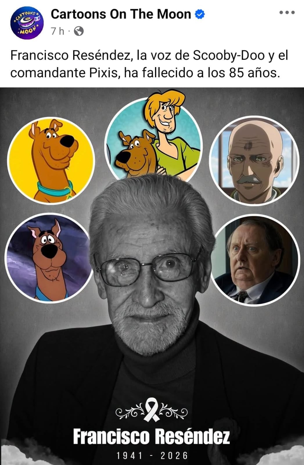 Una publicación de redes sociales informa la muerte del actor de doblaje Francisco Reséndez junto a las imágenes de los personajes que interpretó. (Facebook)