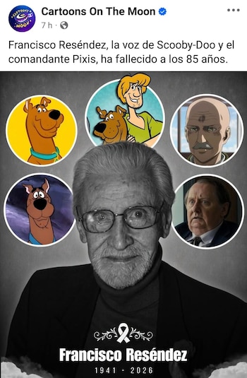 Imagen en blanco y negro de Francisco Reséndez rodeada de círculos con personajes de animación como Scooby-Doo y el comandante Pixis