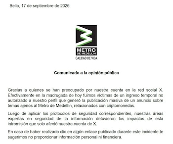 La empresa emitió un comunicado en el que agradeció a los usuarios del transporte público por su preocupación - crédito Metro de Medellín