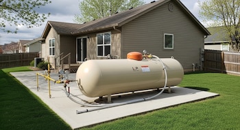 Gran tanque horizontal de gas LP beige sobre losa de concreto en el patio trasero de una casa, con tuberías amarillas conectadas a la vivienda y césped.