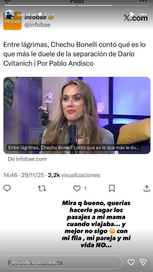 El exfutbolista le respondió sin vueltas luego de leer sobre su paso por el ciclo de streaming (Instagram)