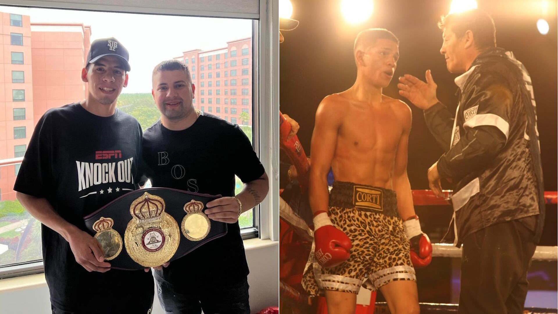 Bebu Verón junto con su manager Jony Quintana. En la otra imagen, su hermano Maxi y su papá y entrenador, Frankie Verón