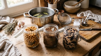 Tres frascos de vidrio con garbanzos, lentejas y porotos sobre una mesa de madera, con una olla, un colador y especias.
