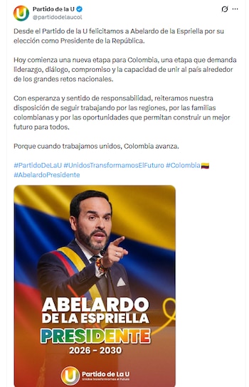 El Partido de la U felicitó a Abelardo de la Espriella - crédito @partidodelaucol/X