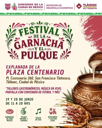 Cartel promocional del Festival de la Garnacha y el Pulque, mostrando un jarro de pulque con espuma, garnachas y piña sobre un fondo beige