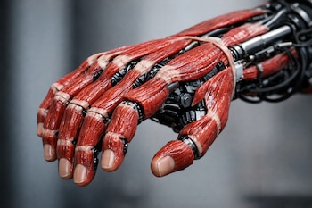 Primer plano de una mano robótica con músculos artificiales rojos y estructuras metálicas expuestas, detallando los dedos con uñas realistas.