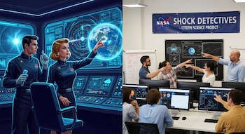 Imagen dividida: izquierda, dos figuras retrofuturistas en sala de control; derecha, personas en oficina moderna mirando monitores y pizarra con gráficos científicos y banner 'NASA Shock Detectives'.