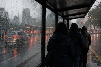 Personas de espaldas protegidas bajo una marquesina mientras cae lluvia sobre la calle y pasan vehículos.