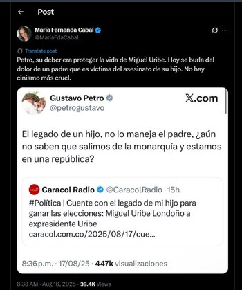 María Fernanda Cabal también criticó el mensaje del presidente contestando a Miguel Uribe Londoño - crédito @MariaFdaCabal
