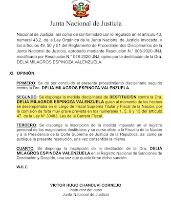 Un documento oficial de la Junta Nacional de Justicia con el escudo de Perú, texto impreso sobre la recomendación de destitución de Delia Espinoza Valenzuela