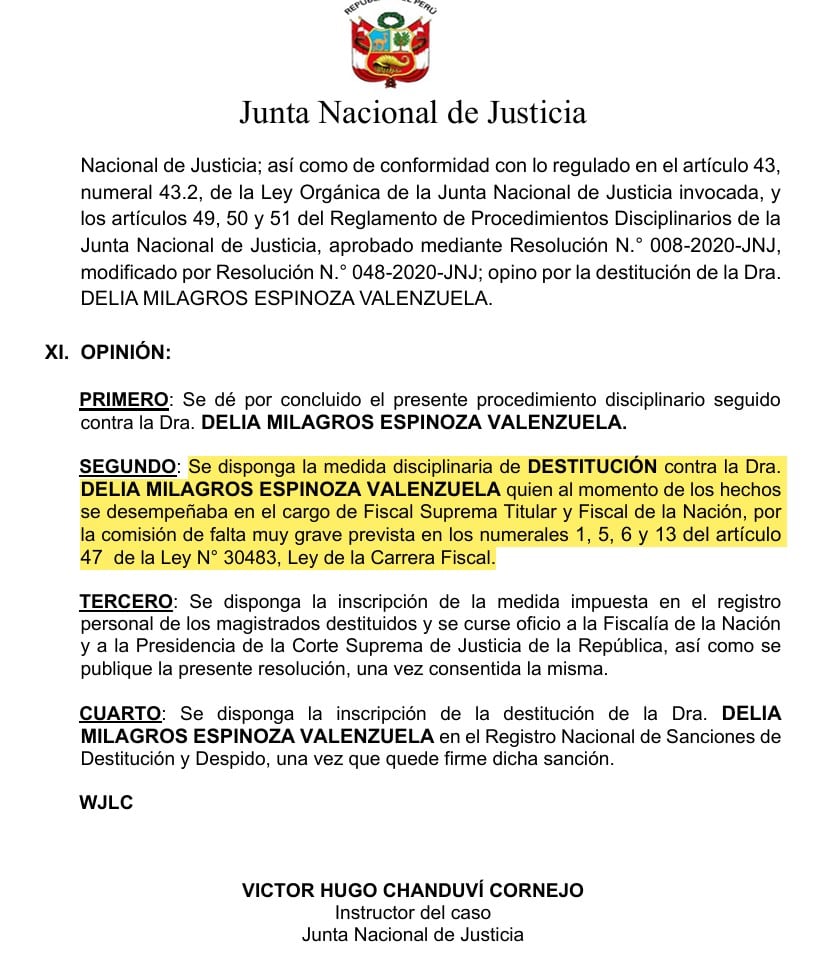 La Junta Nacional de Justicia de Perú propone la destitución de la Dra. Delia Milagros Espinoza Valenzuela de su cargo de Fiscal Suprema Titular.