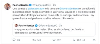 El exfuncionario Pacho Santos hizo un llamado a sacar a la minga indígena “a las malas” y comparó su comportamiento con el de los narcotraficantes - crédito @PachoSantosC/X