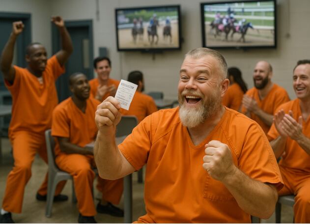 James Farthing enseñando su boleto ganador en la prisión. (Imagen: Facebook)