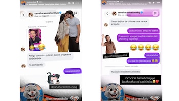 Dos capturas de pantalla de historias de Instagram con una conversación por mensajes directos, imágenes superpuestas y una figura animada