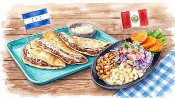 Ilustración en acuarela de baleadas y ceviche acompañados por las banderas de Honduras y Perú sobre una mesa de madera.