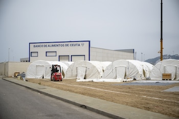 Instalación de nuevas tiendas de campaña junto al Banco de Alimentos de Ceuta. (Marcos Moreno / Europa Press)