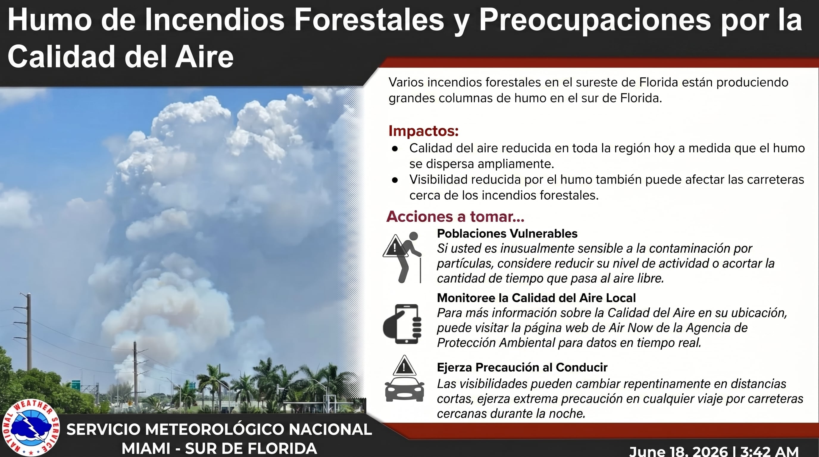 El Servicio Meteorológico Nacional alerta sobre el impacto del humo de incendios forestales en la calidad del aire y la visibilidad en el sur de Florida, proporcionando recomendaciones para la seguridad pública. (Imagen Ilustrativa Infobae)