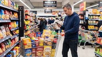 Hombre con sudadera azul mirando un teléfono móvil junto a un carro de supermercado repleto de cajas de cereales y galletas.