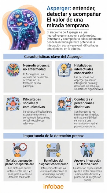 Infografía sobre el síndrome de Asperger con ilustraciones de un cerebro, personas interactuando y cuadros explicativos sobre detección y apoyo.