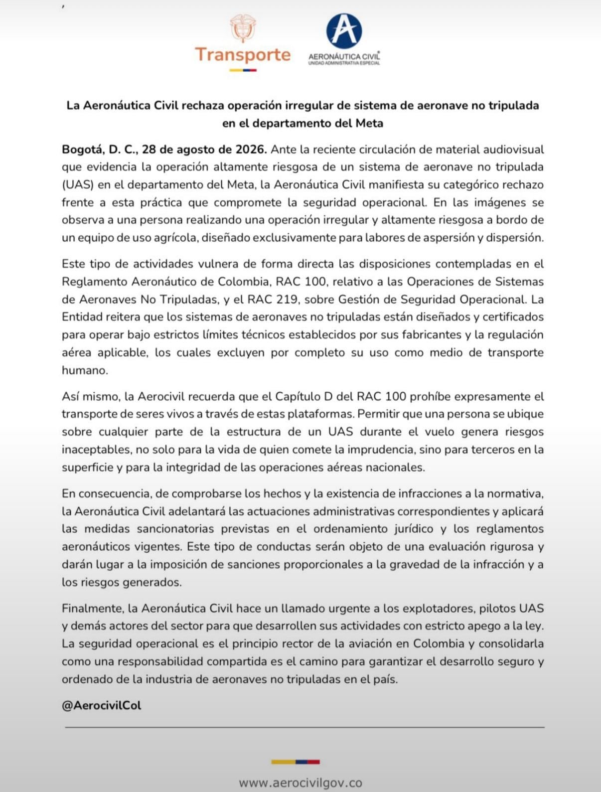 El comunicado por parte de la Aerocivil se emitió la mañana del viernes 28 de agosto de 2026 - crédito @AerocivilCol/X