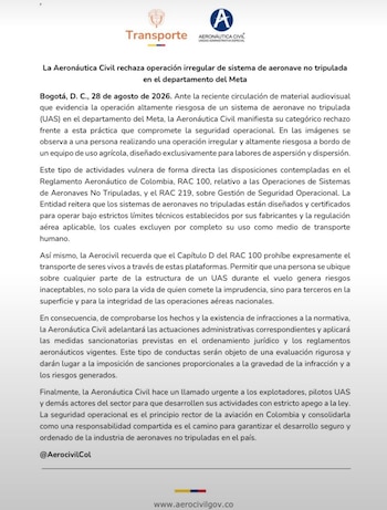 El comunicado por parte de la Aerocivil se emitió la mañana del viernes 28 de agosto de 2026 - crédito @AerocivilCol/X
