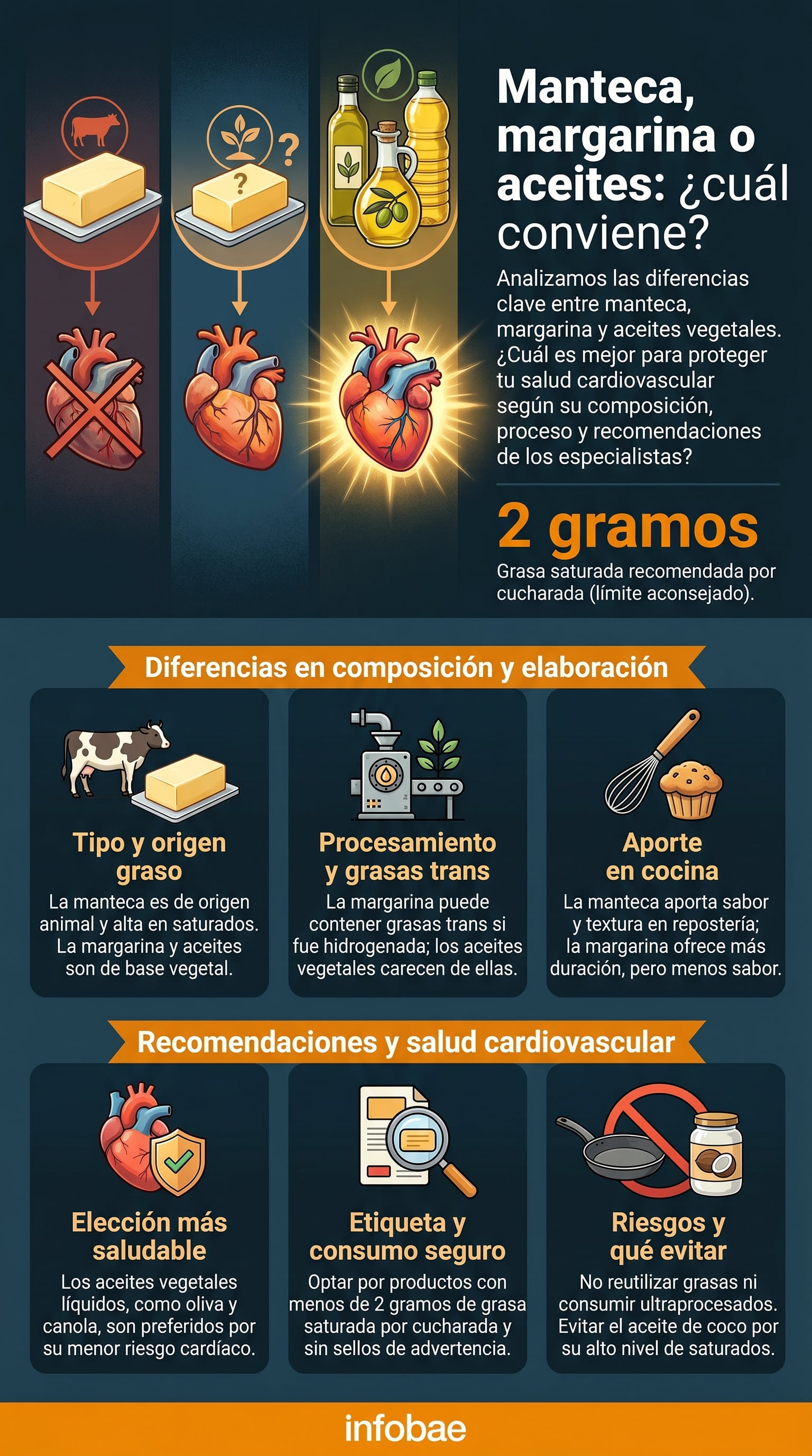 Una infografía detalla las diferencias entre manteca, margarina y aceites vegetales, mostrando su impacto en la salud cardiovascular y proporcionando recomendaciones para una elección informada. (Imagen Ilustrativa Infobae)