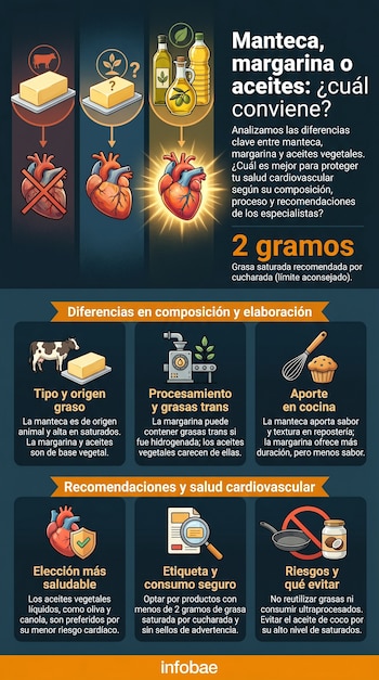 Infografía con tres columnas comparando manteca, margarina y aceites vegetales, ilustrando su efecto en el corazón con iconos de riesgo, neutralidad y beneficio.
