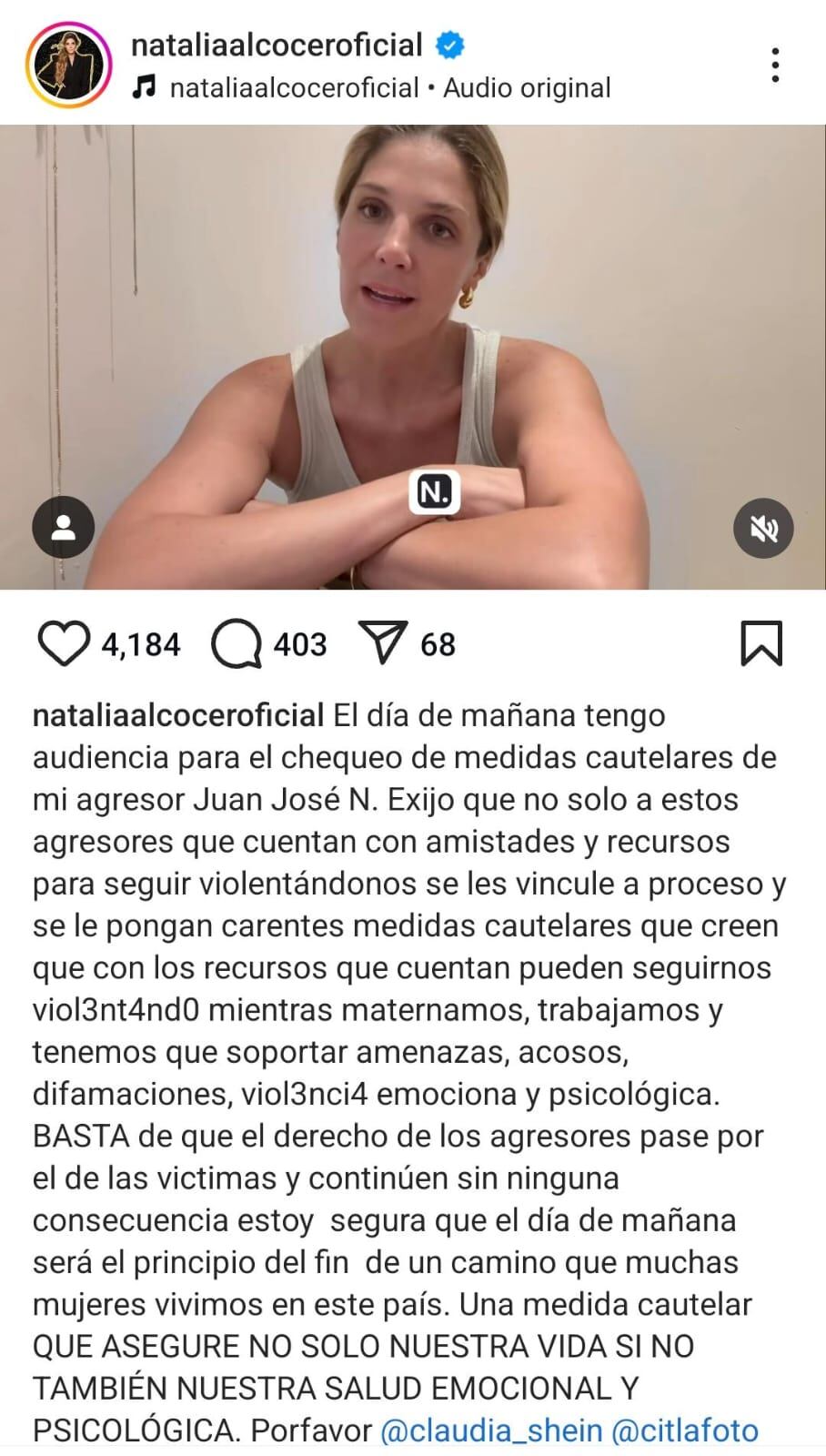 Mediante un video compartido en Instagram, Alcocer denunció que su expareja incumplía las medidas impuestas por un juez. (Foto: @nataliaalcoceroficial, Instagram)