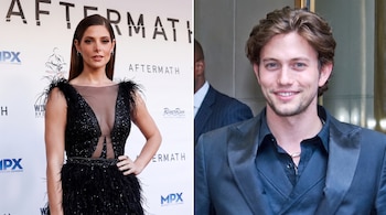 Composición con Ashley Greene con vestido negro a la izquierda y Jackson Rathbone con traje oscuro a la derecha.