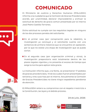 Declaração do Ministério da Justiça e Direitos Humanos do Peru com texto, balões de diálogo, duas bandeiras peruanas e logotipo da instituição