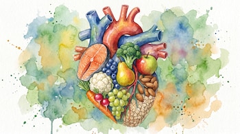 Un corazón anatómico humano, con salmón, arándanos, coliflor, zanahorias, rábanos, uvas, pera, manzana, brócoli, almendras y avena sobre fondo de acuarela.