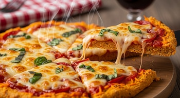 Primer plano de una pizza de zanahoria humeante sobre una tabla de madera. Una rebanada es levantada, mostrando queso mozzarella derretido estirándose y albahaca fresca.