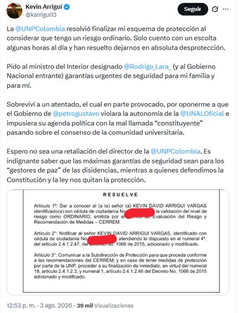 Kevin Arriguí cuestionó que el Gobierno nacional brinde mayores garantías para los gestores de paz que para personas víctimas de violencia - crédito @karrigui13/X