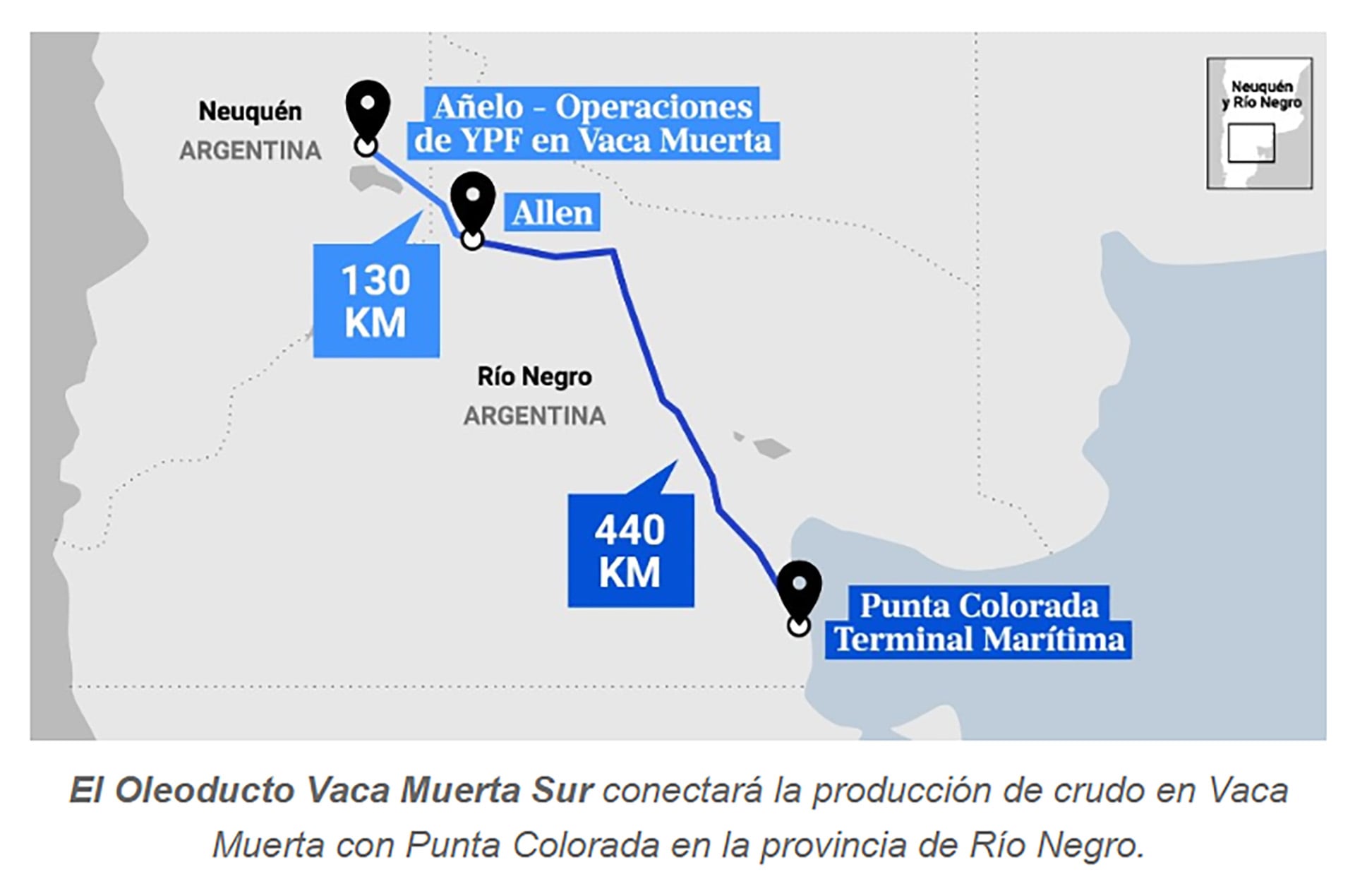 Un mapa detalla el trazado del Oleoducto Vaca Muerta Sur entre las provincias de Neuquén y Río Negro en Argentina