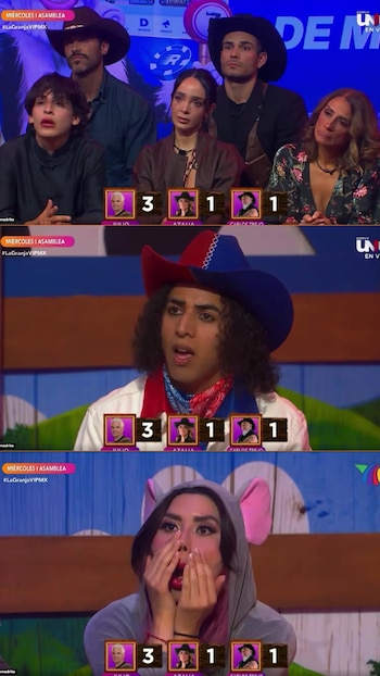 Tres capturas de un programa de televisión que muestran a concursantes disfrazados frente a marcadores de puntuación