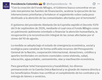 El Gobierno anunció el Fondo Milagro para concentrar recursos destinados a la reconstrucción tras el terremoto - crédito Presidencia de Colombia