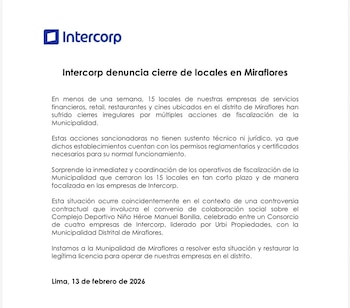 Intercorp reclama a Municipalidad por