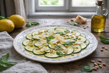 Un plato blanco y azul con carpaccio de calabacín, aceite, piñones, albahaca y queso se encuentra sobre una mesa de madera junto a limones y una botella de aceite.