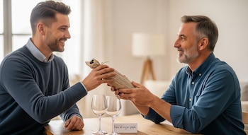 Un hombre joven entrega una botella envuelta a un hombre mayor, quienes se sonríen frente a dos copas de vino y una tarjeta en una mesa de madera.