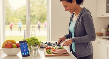 Una mujer sonriente corta verduras en una cocina moderna. Hay frutas, ensalada y un smartphone con una app de salud en la encimera. Fuera, personas se ejercitan.